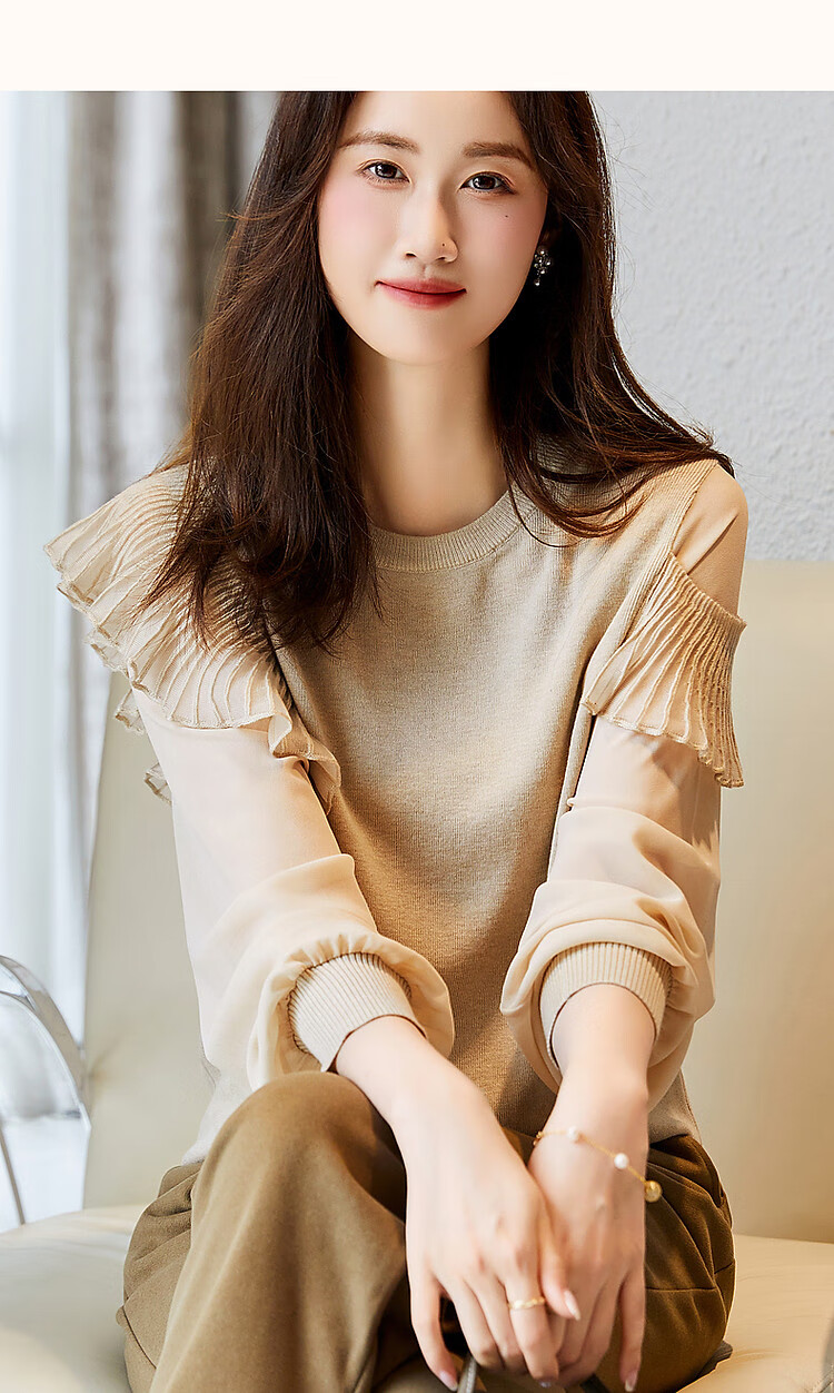 Dme [Containing Fluffy Wool] Spring And Autumn Stylish Spliced Sweater, Concealing Body Shape, Slimming Effect, Elegant Knitted Sweater for Women with High-End Feel 25
