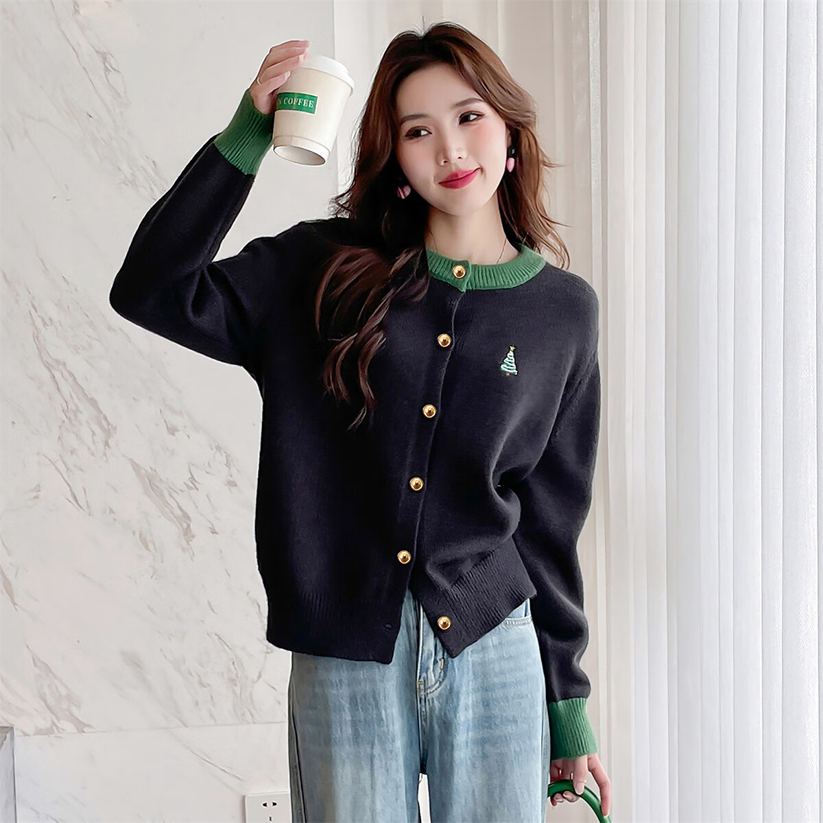 TonLion 2025 Autumn Winter Festive Embroidered Front Crew Neck Women's Cardigan