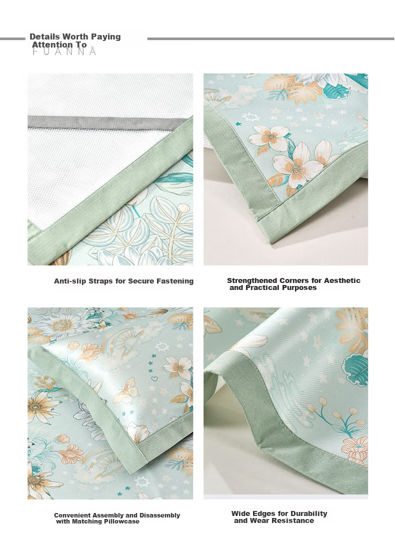 FUANNA Qingge Ice Silk Cooling Mat, Cool-Feeling Printed Soft Mat, Double Size, Three-Piece Set, Green 1.8*2 Meters [Washable] 13