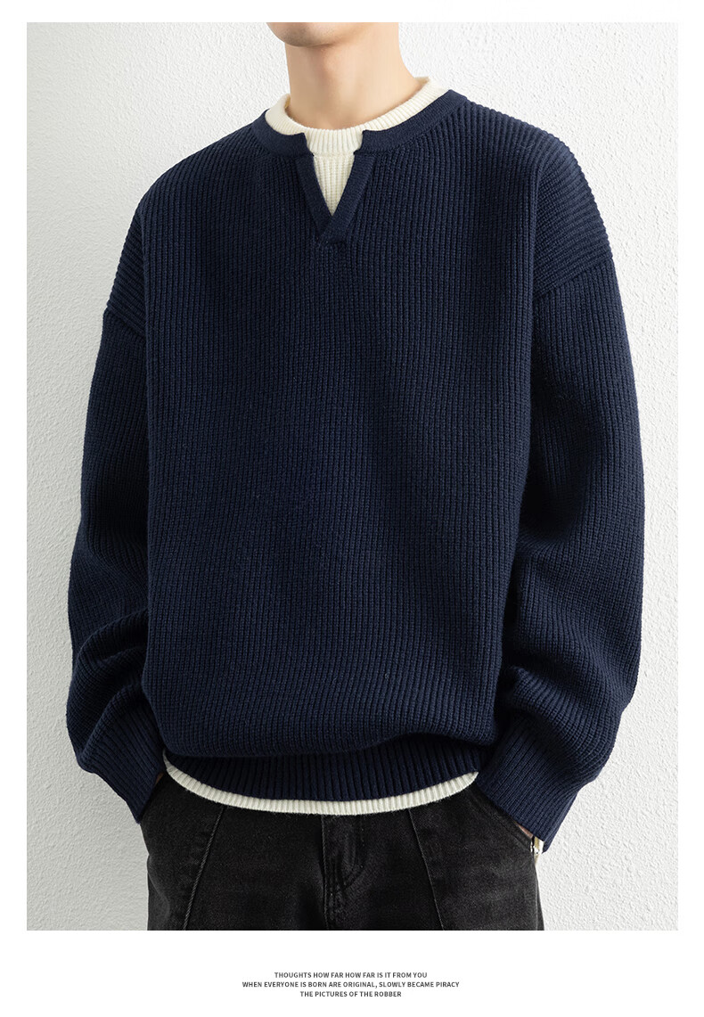 ROMON Men's Autumn Thickened Knitted Sweater, Round Neck, Fake Two-Piece Casual Versatile Pullover, Black 3XL ZH6012 4