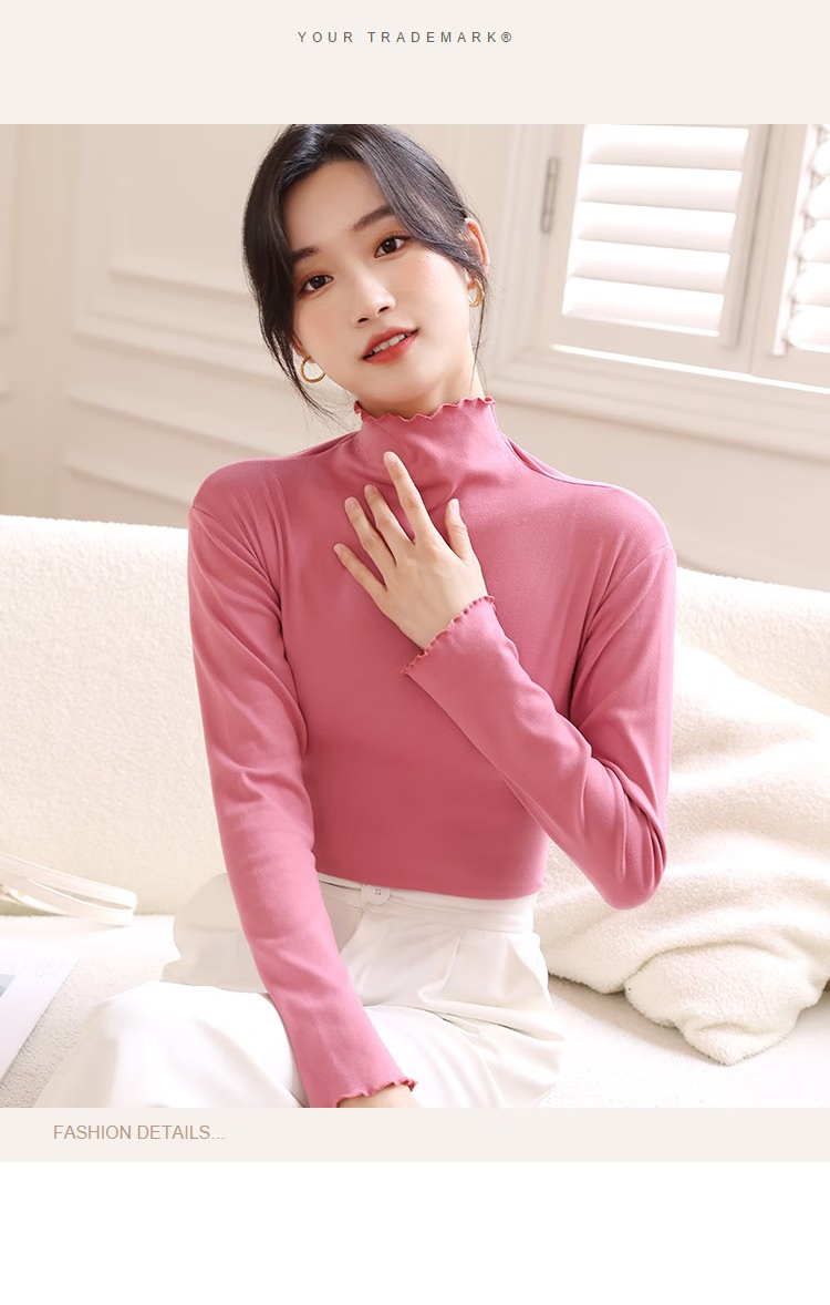 LangSha Women's Base Layer, Semi-Turtleneck Style, Basic Undershirt, Ladies' Long-Sleeve Ruffle Collar, Slim-Fit High-Elastic Top 4