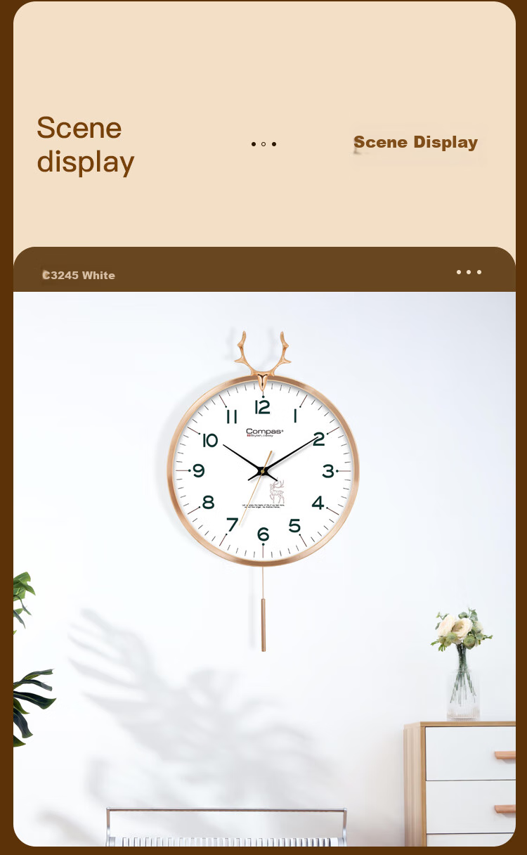 Compas Wall Clock for Living Room, European Style Creative Clock, Bedroom Quartz Wall Clock C3245 Green 36cm 6