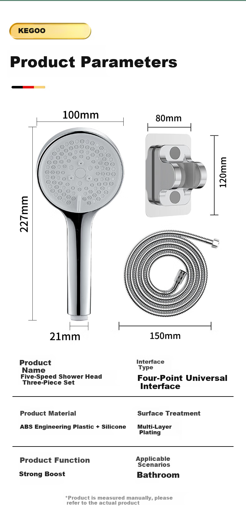 KEGOO High-Pressure Shower Head, Extra Strong Pressurized Handheld Three-Piece Set, Shower Hose, Bathing Handheld Head with Bracket K4048 12