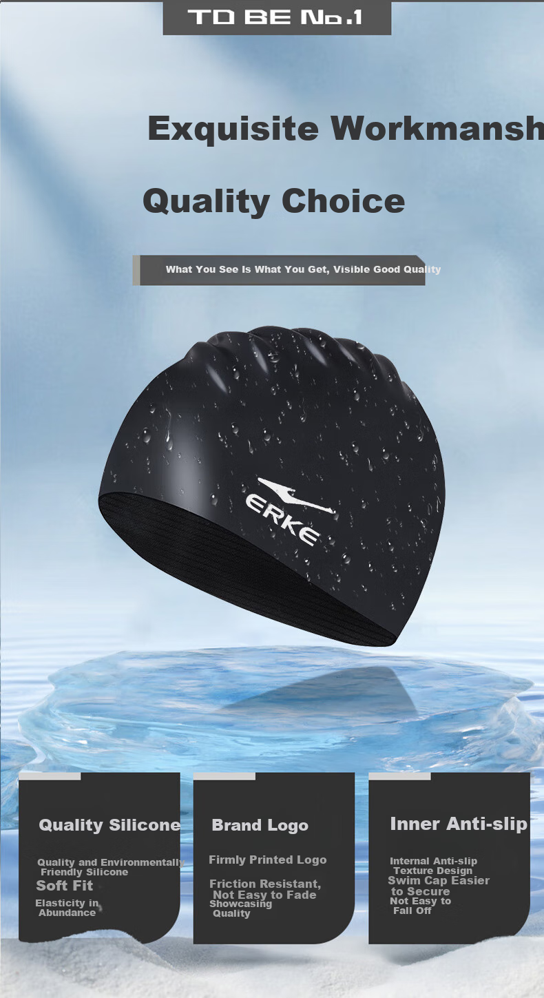 ERKE Silicone Swim Cap Solid Color Unisex Adult Professional High Elasticity Ear Protection Comfortable Long Hair Swimming Cap 4
