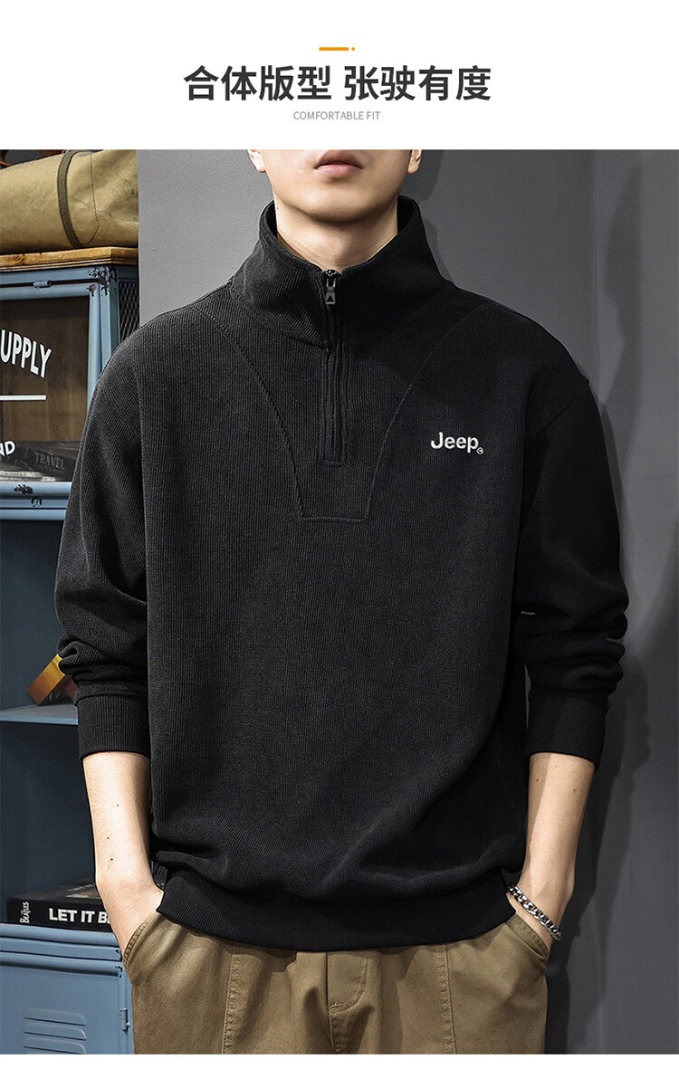 JEEP Men's Autumn Winter Zip-up Loose Long Sleeve Corduroy Thick Warm Sweatshirt Black 3XL 1