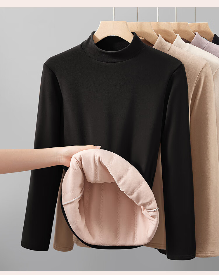 Tingmei [Triple Silk] Fleece-Lined Thickened Half Turtleneck Base Layer Top Women's Autumn Winter Thermal Underwear Shirt 11