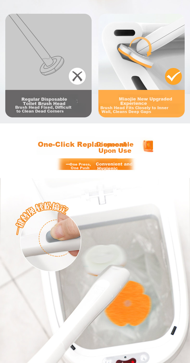 MIAOJIE Disposable Toilet Brush with 7 Replacement Heads, Wall-Mountable, Ready-To Disposable, Orange Oil Stain Removal 6