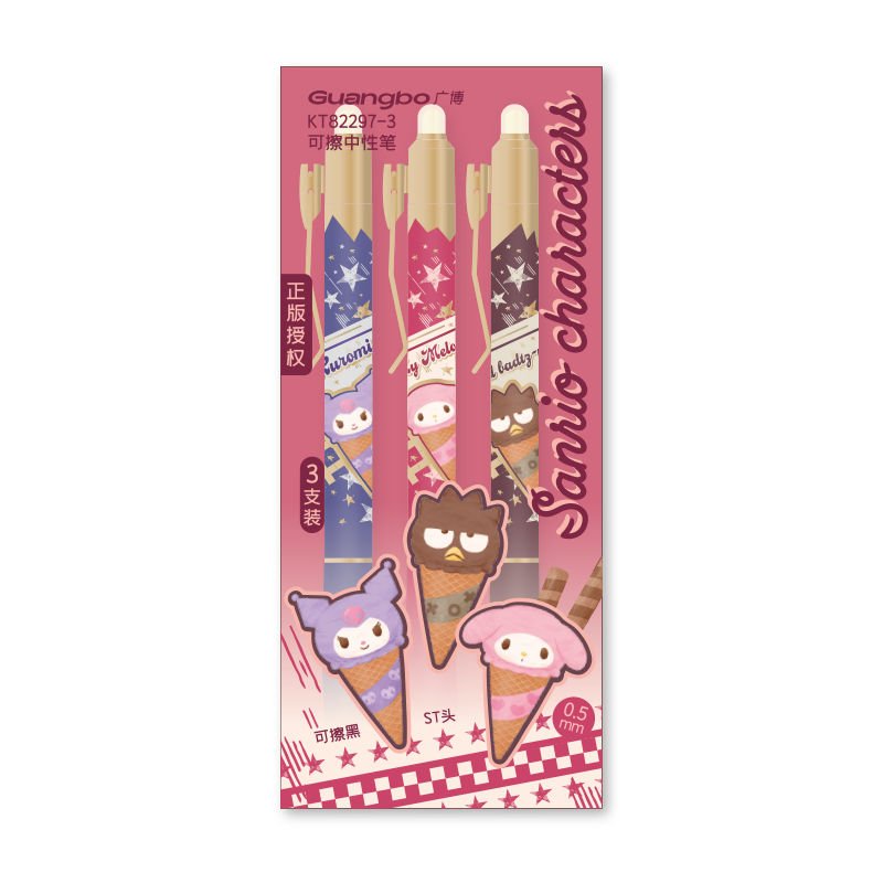 GuangBo & Sanrio Erasable Gel Pen Retractable Black 0.5mm Student Office Thermosensitive Signature Pen 3-Pack Pink Box KT82297-3