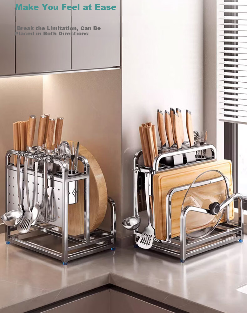 Jingyan 304 Stainless Steel Knife Holder Storage Rack, Kitchen Knife And Cutting Board Organizer, Multifunctional Utensil Chopping Board Storage Shelf, Pot Lid Rack 9