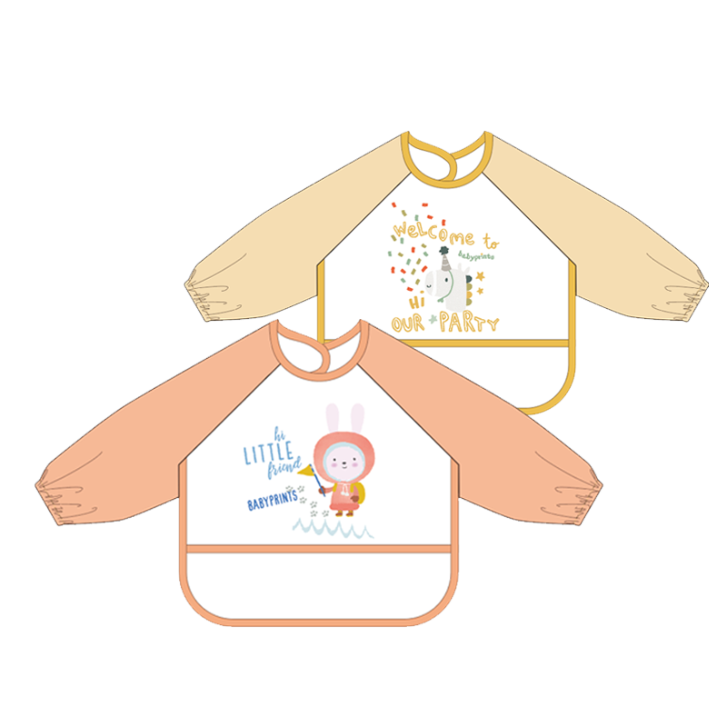 Babyprints Children's Smock, Infant Eating Bib, Baby Drool Bib, Waterproof Reverse Dress, Long-Sleeve Two-Piece Cute Rabbit Travel Set