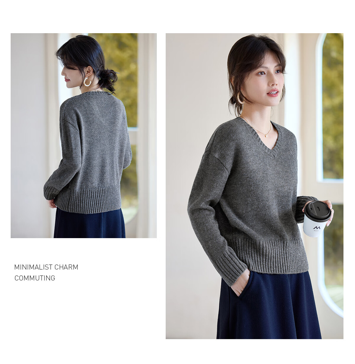 She Enjoy Lazy Style Knitwear Women's Gray V-Neck Sweater Knit Top Base Shirt T53Z093 2