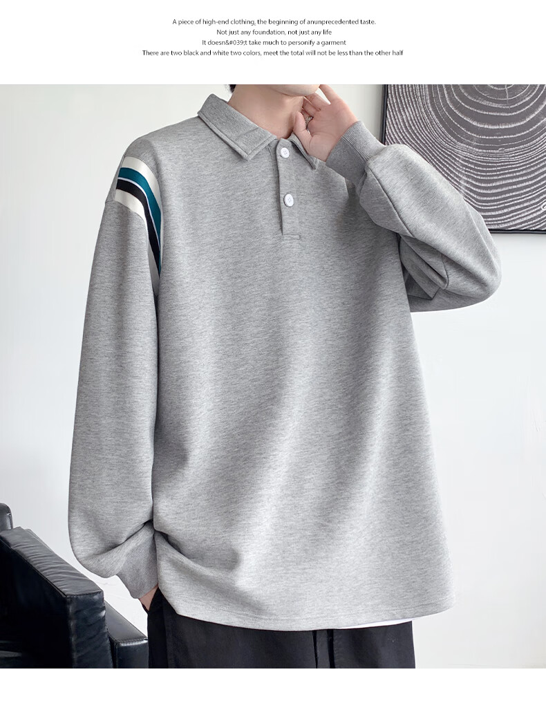 IZEXX Lapel Casual Men's Sweatshirt, Autumn Loose Long-Sleeve POLO Shirt, Versatile Trendy Top, XP13 Flax Gray, Size M 3