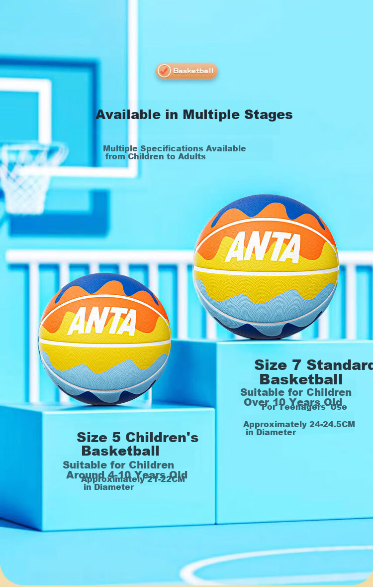 ANTA Basketball for Kids Size 5, Preschool And Elementary School Students, Youth Indoor And Outdoor Wear-Resistant Rubber Size 7 Basketball, Colorful Blue Size 7 7