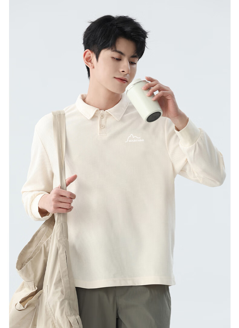 Baleno Men's Long Sleeve Polo Shirt Autumn 290G Heavyweight Waffle Knit Collar Sports Casual Loose T-Shirt 4