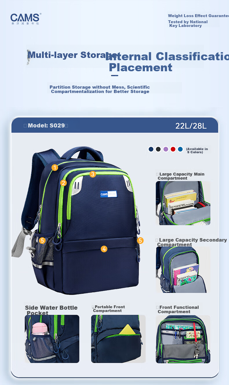 CAMS Suspended Weight Reduction Backpack for Grades 1-3 Male And Female Students, Large Capacity Elementary And Middle School Lightweight Spine Protection S02901 3