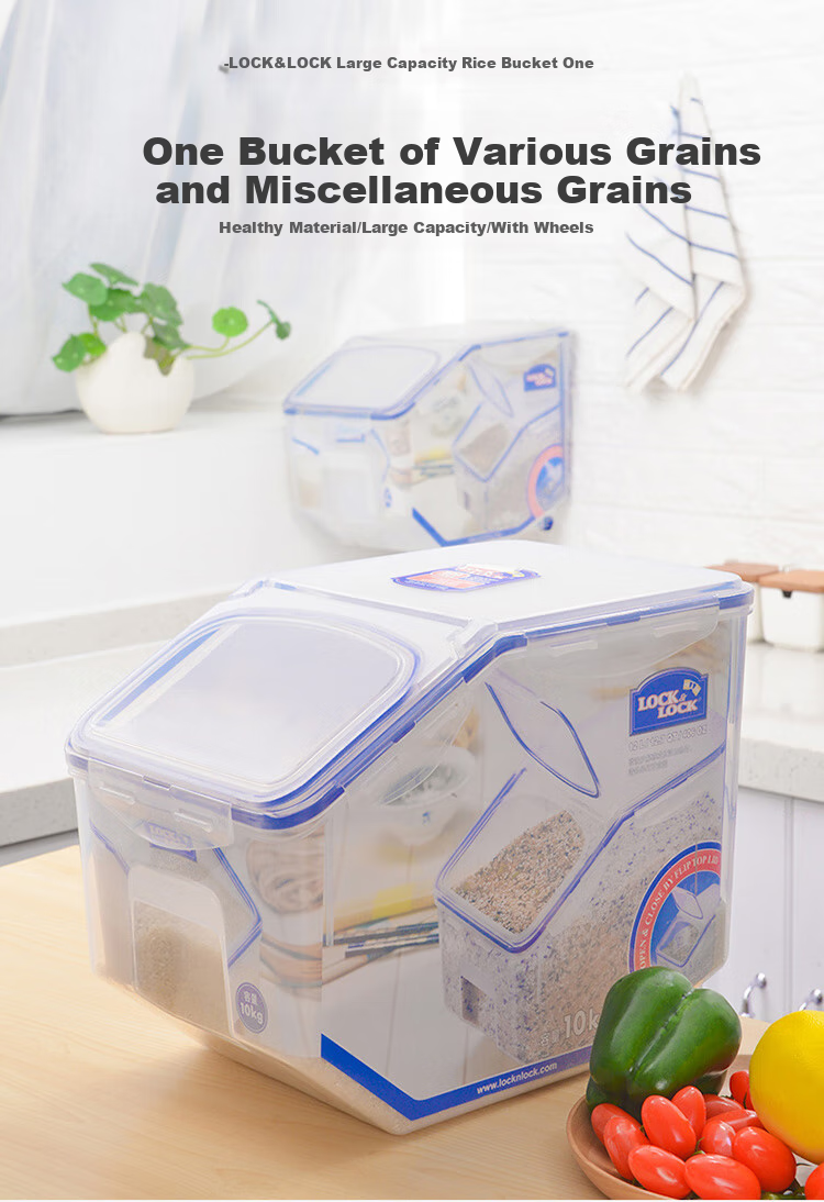 LOCK&LOCK Plastic Multi-Grain Rice Container, Sealed Storage Rice Box, 12 Liters Capacity (Can Hold 10kg of Rice), with Wheels And Measuring Cup Included 2