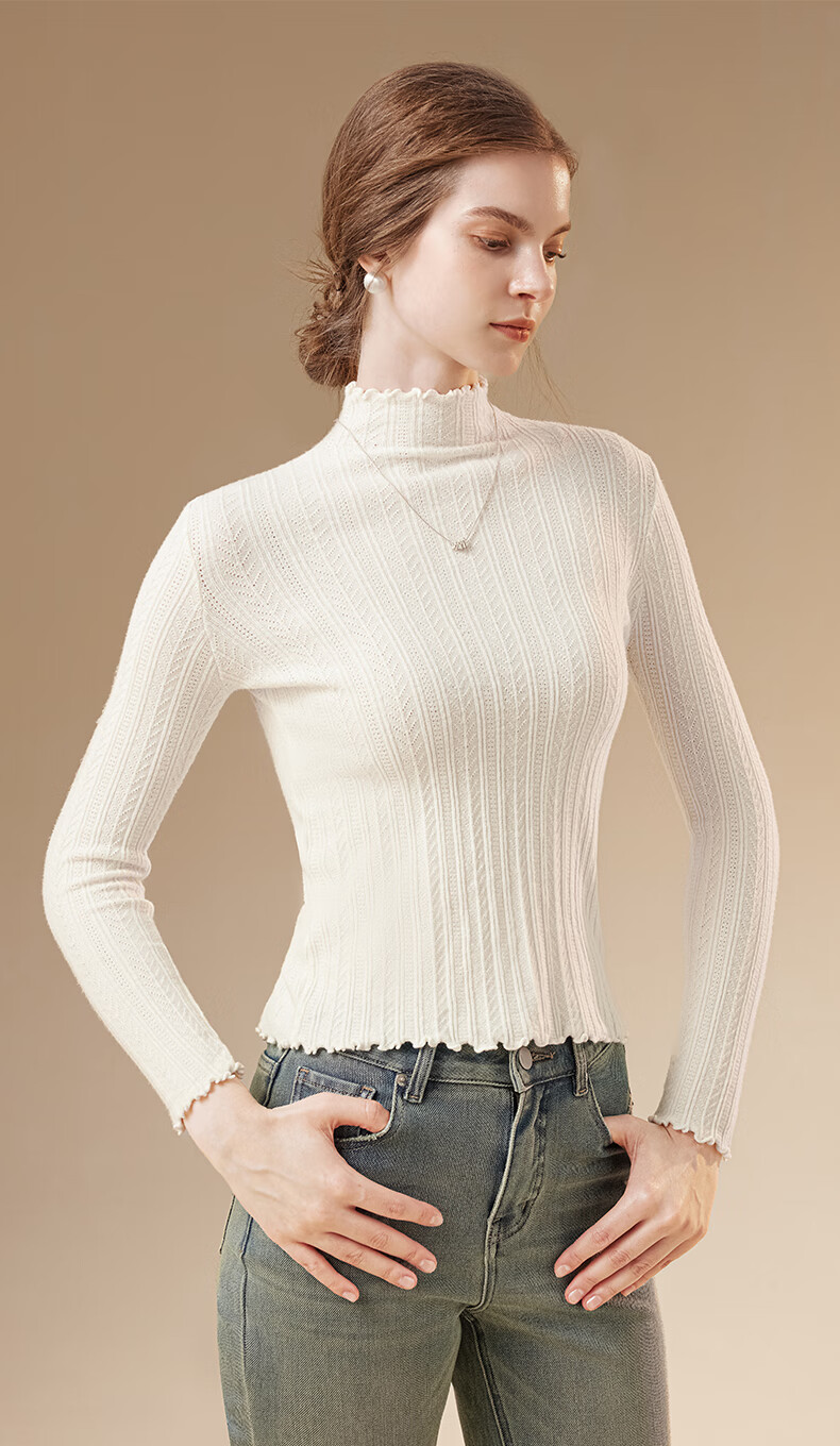 MiiOW White Autumn Winter New Women's Base Shirt Semi-High Neck Ruffled Knit Mid-Neck Premium Warm Top 1