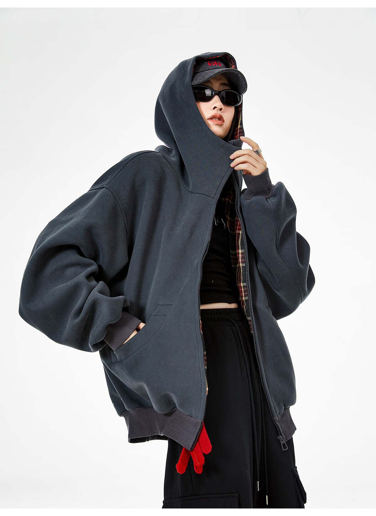 ICH MODE Celebrity Style American Plaid Patchwork Cardigan Sweatshirt Autumn Jacket Sports Cardigan Top Women Heather Gray XL 11