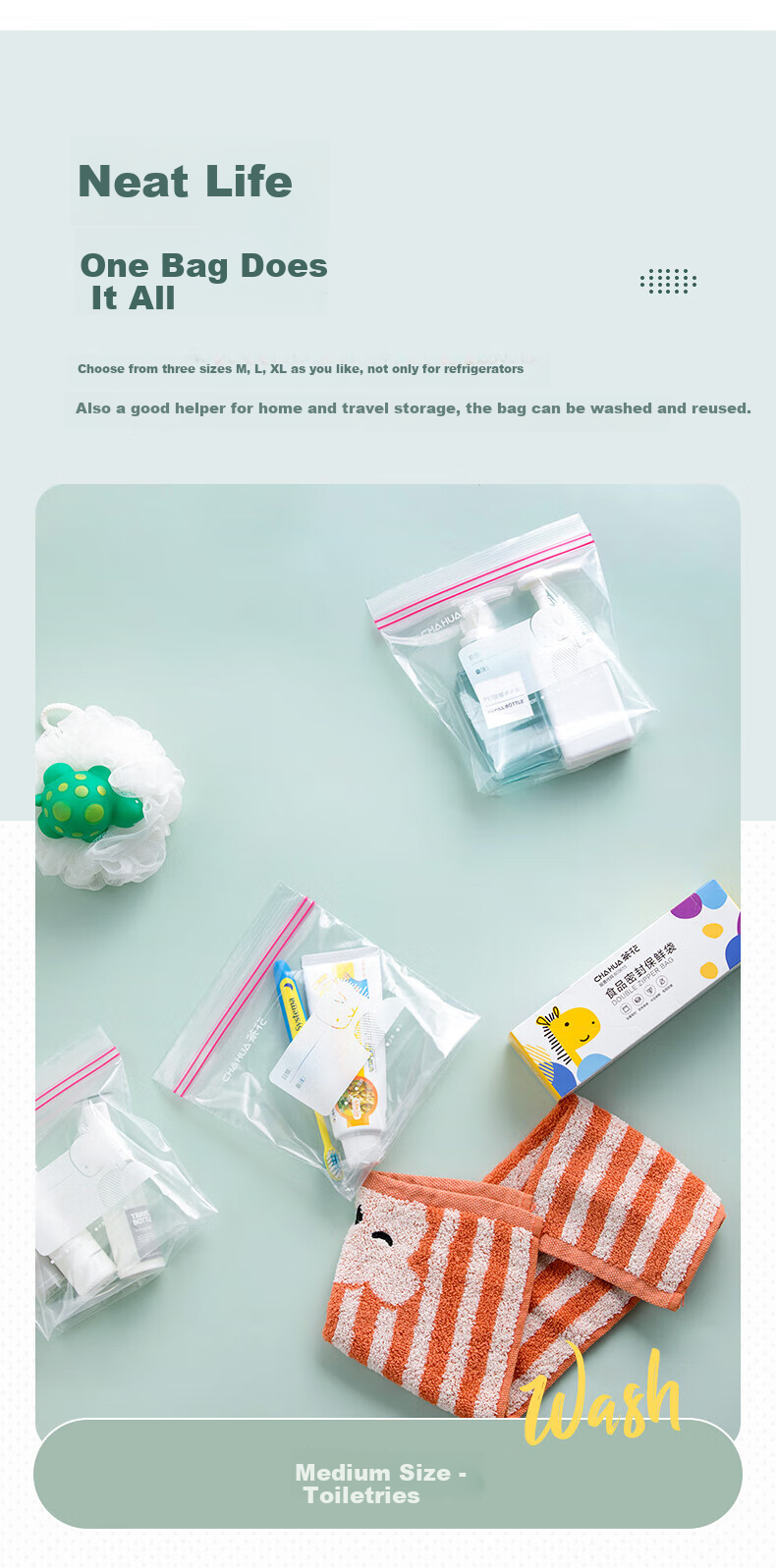 CHAHUA Food Storage Bags, Large Size Combination Pack, 70 Pieces, Thickened Double-Ribbed Food-Grade Fresh-Keeping Storage Bags, Self-Sealing Bags 8