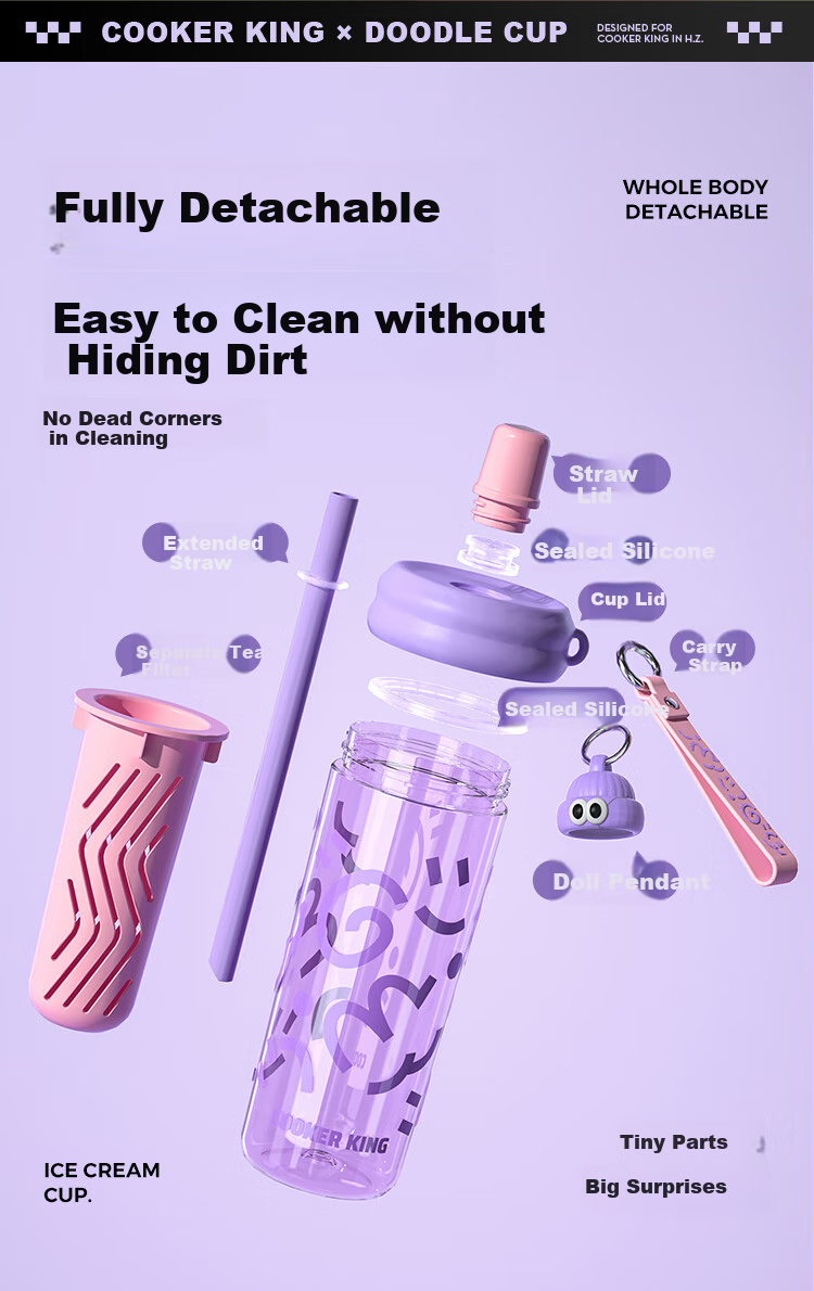 COOKER KING Tritan Plastic Cup with Straw, Shatterproof Tea Compartment, Detachable Portable Large Capacity Water Bottle, Blue-Purple, 650ml 8