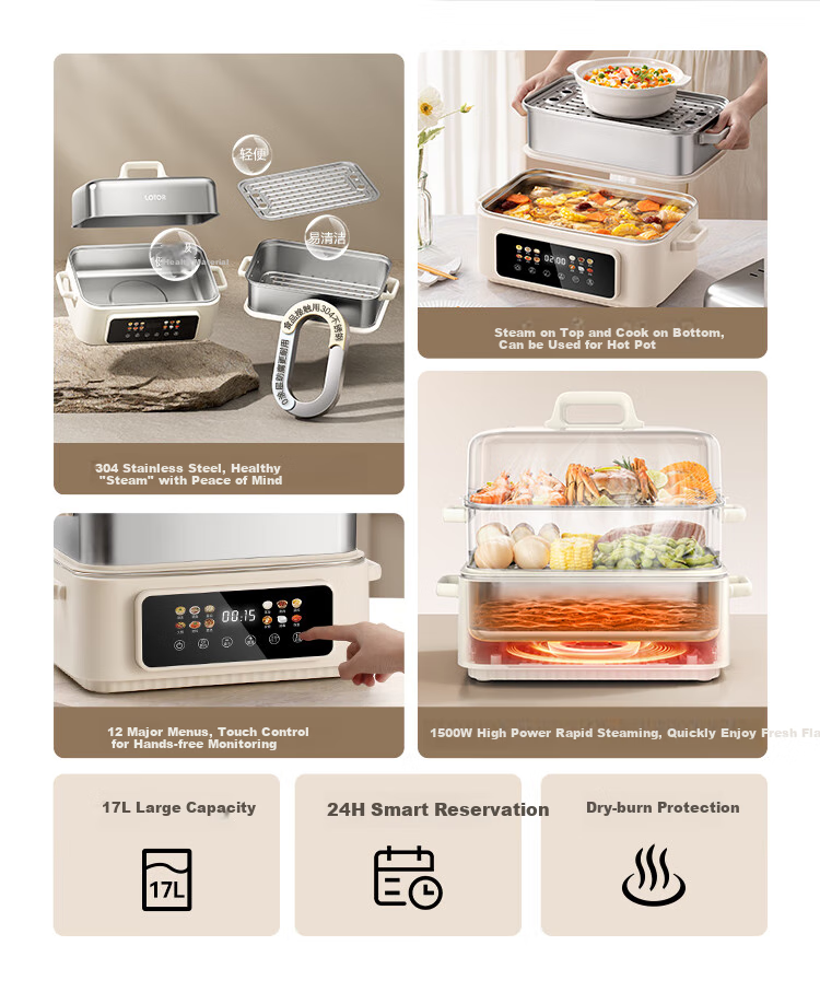 LOTOR Multi-Purpose Electric Steamer Pot, 3-Layer Stainless Steel Large Capacity Multi-Layer Steam Cooker for Home Use, Suitable for 3-4 People, Non-Coated Multifunctional Pot DZGBXG17 2