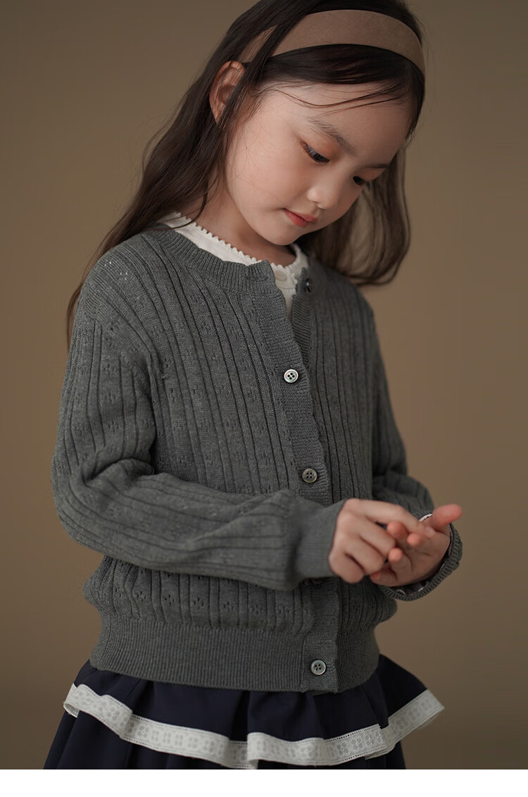 Hacikis Kids Spring and Autumn Knitted Cardigan Simple High-End Feel Skin-Friendly Girls' Mid to Big Kids Gray 160 1