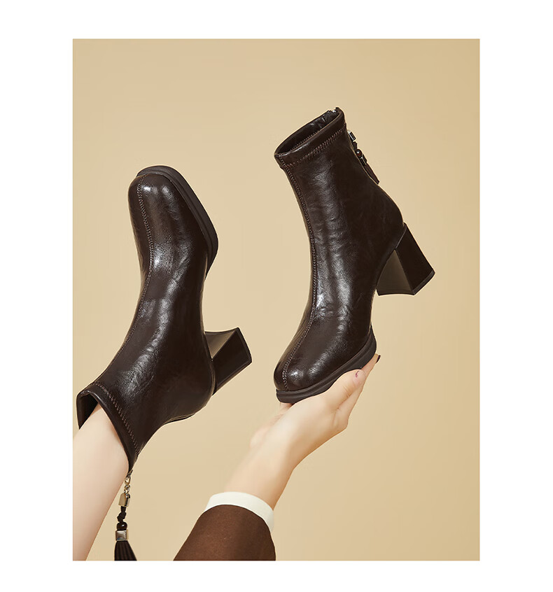 DAPHNE Vintage High Heel Fleece-Lined Ankle Boots for Women Petite French Square Toe Fashion Chunky Heel Slim Leather Boots Brown 37 3