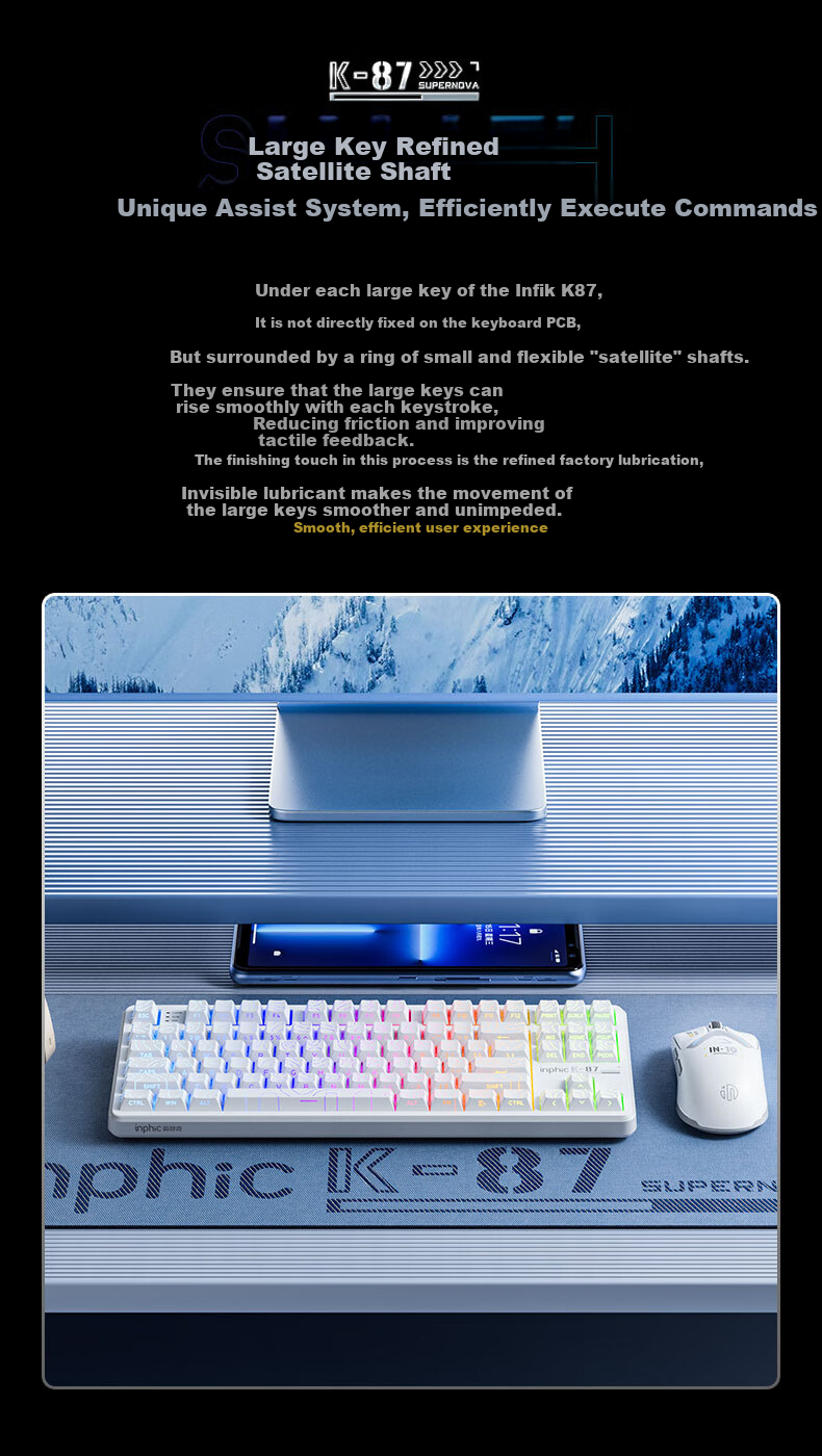 INPHIC K87 Wireless Mechanical Keyboard Wired 87-Key Bluetooth Tri-Mode Gasket Customizable Full Fill Side-Engraved HIFI Gaming E-Sports Office Full-Key Hot-Swappable Equal Height Line Black 10