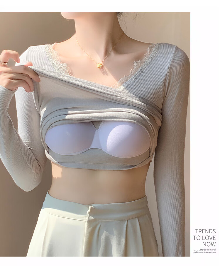 LangSha Women's Ribbed Long Sleeve T-Shirt Slim Fit Base Layer Bra-Free Spring Autumn Top 9