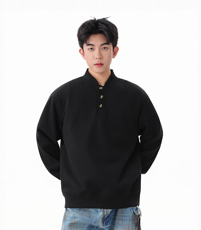 Homlean Heavyweight Henry Collar Solid Color Sweatshirt Men Autumn Fashion Casual Loose Base Shirt HQ00 Black 4XL 10