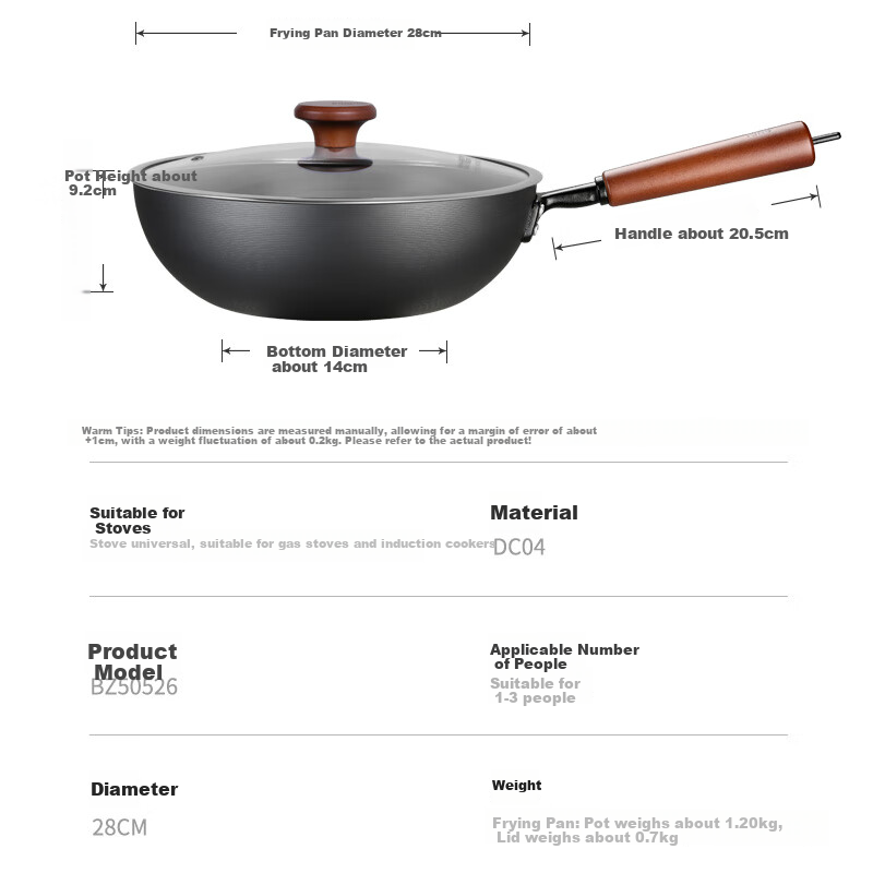 COOKER KING Wok Iron Pan for 1-2 People, Stir-Fry Pan 28cm Compatible with Induction Cooker, 2nd Generation Ultra Iron BZ50526