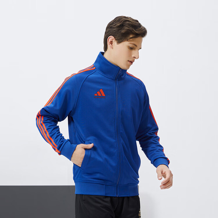 Adidas Men's Jacket, Spring And Autumn Running Sports Knit Stand-Collar Jacket, Outdoor Sportswear, Blue-Orange, 2XL 2