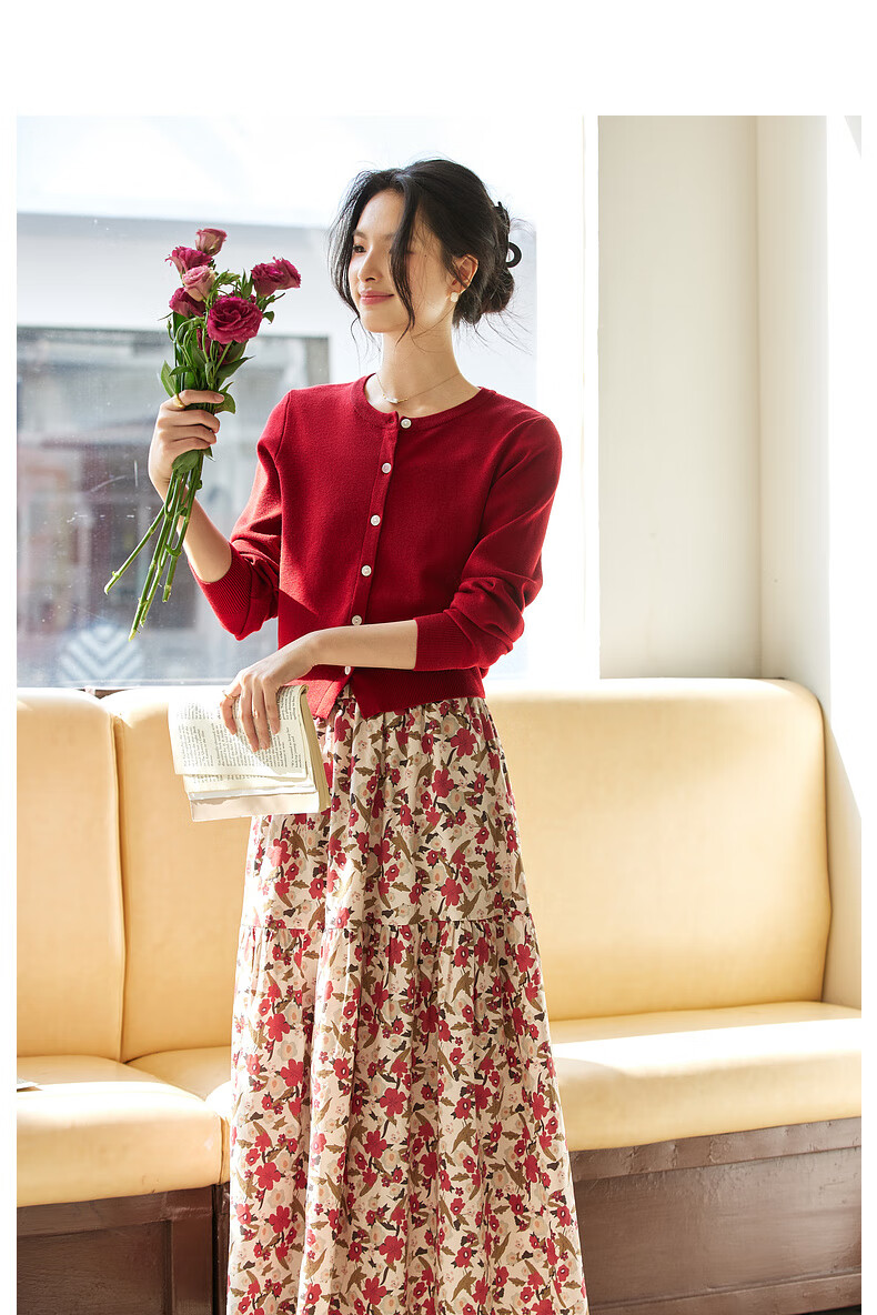 Fanximan Holiday Style Casual Set Women Autumn New Knitted Top and Skirt Two-Piece Set Apricot Base Red Floral L 10