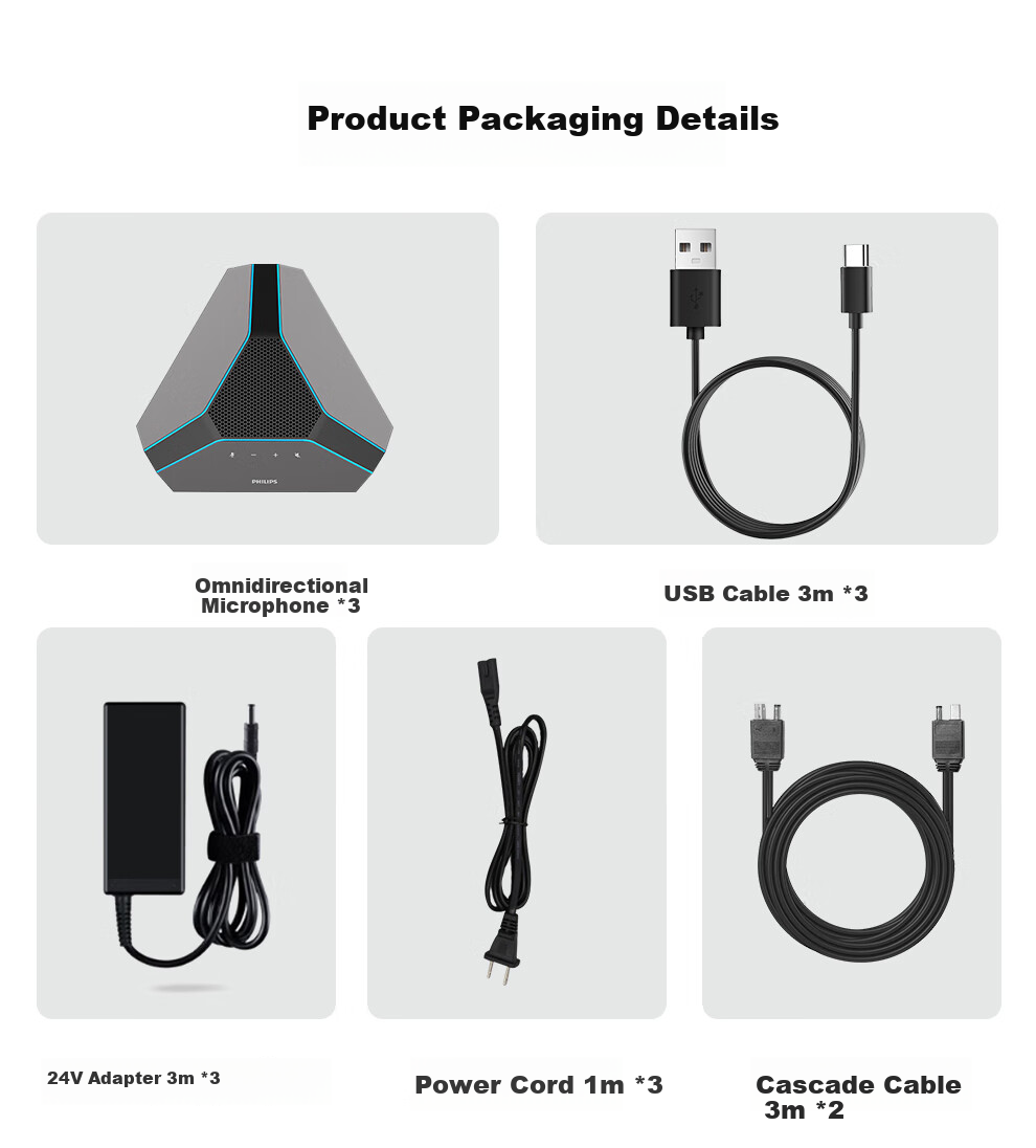 PHILIPS Video Conference Omnidirectional Microphone, Desktop Speaker, 3 Wired Cascading Expansion Units, Suitable for 60-100㎡ Meetings, Conference Microphone AECS8109X3 3