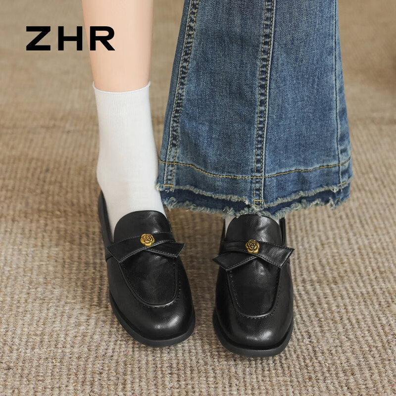 ZHR Women's Flat Shoes 2026 Spring New British Style Loafers Commuter Slip-On EH208 Black Size 38