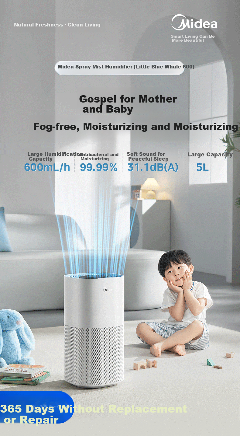 Midea Xiaolanjing 600 Mist-Free Air Humidifier for Pregnant Women, Infants, Living Room, Home, Bedroom, Quiet, Antibacterial, Office Use, Dormitory, Large Capacity Birthday Gift SZ-2Y50 2