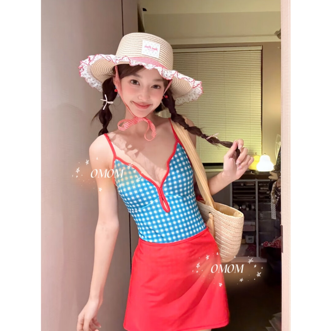 OMOM New Fresh Plaid Student One-Piece Swimsuit Women Triangle Slimming Hot Spring Vacation Swimwear Plaid XL 1