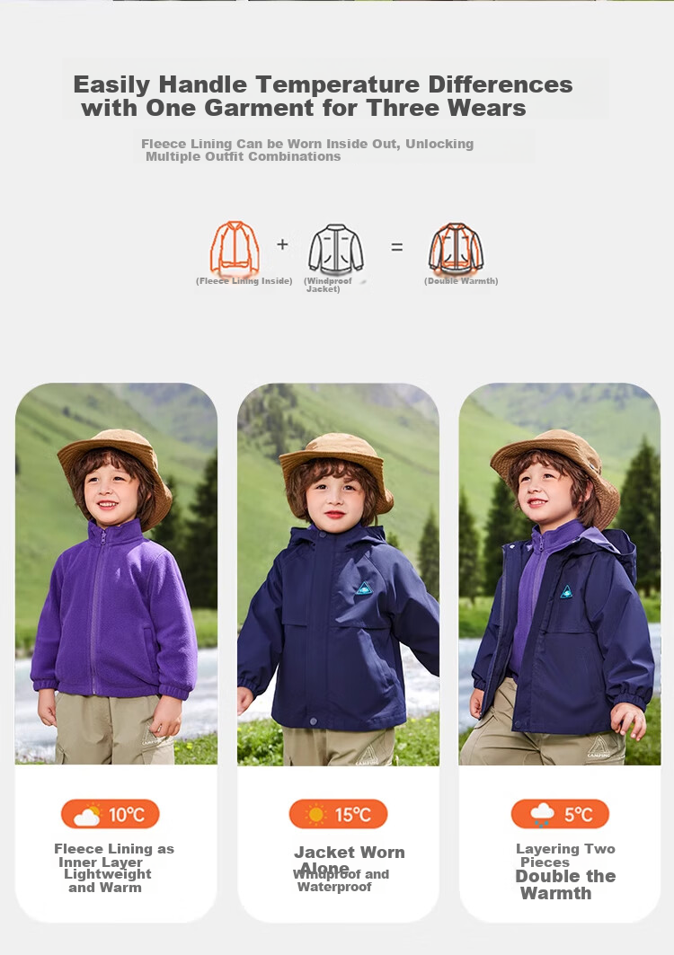 Ciciibear [Triple Protection] Ciciibear Boys' Outdoor Jacket for Children, Spring Autumn Winter Style 2024 New Model, Baby Three-In Waterproof 1