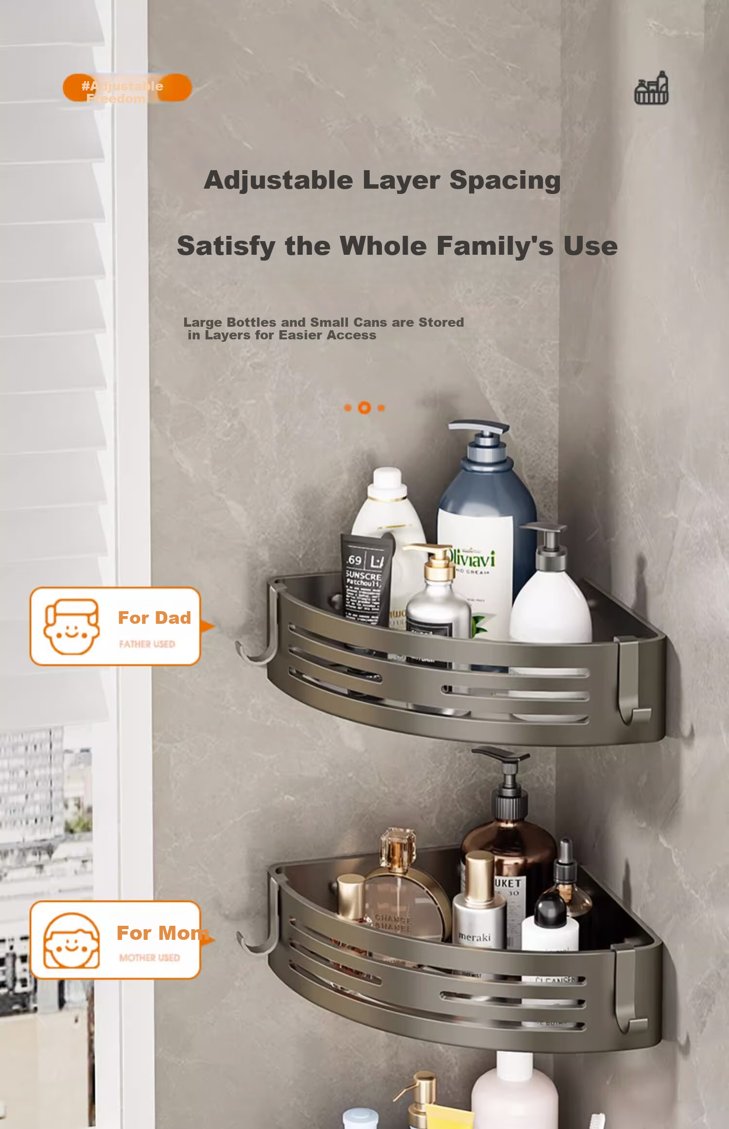 Xinpei Space Aluminum Bathroom Storage Rack, No Drilling Required, Bathroom Vanity Corner Shower Toilet Washroom Triangular Shelf Basket 14