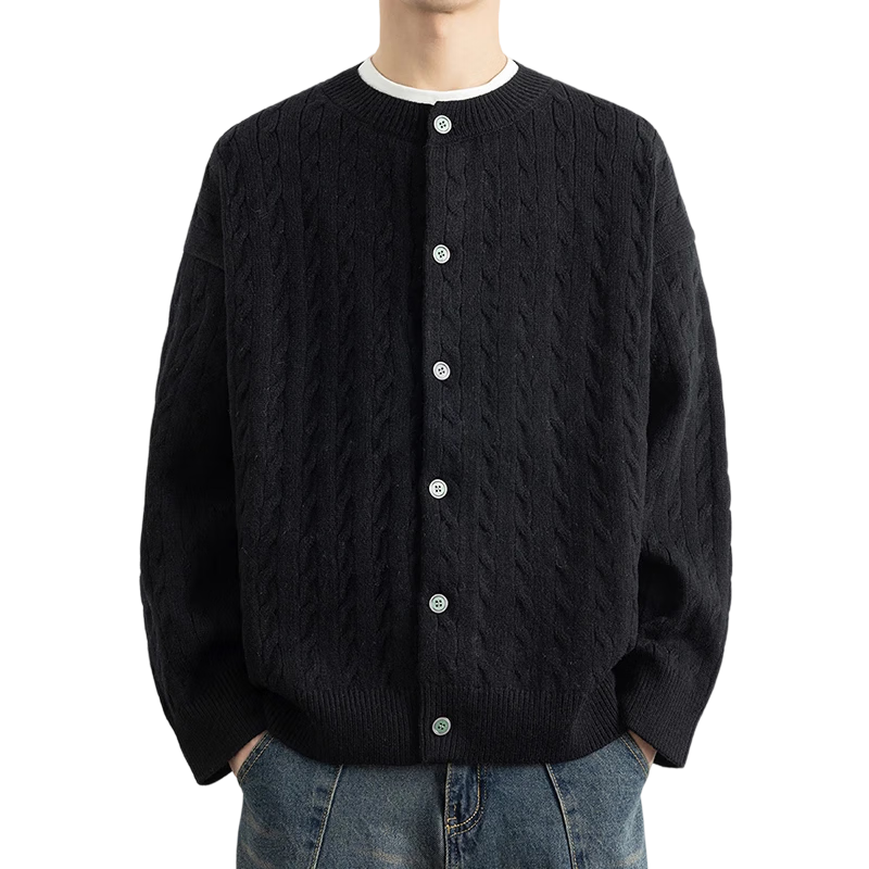 ROMON Men's Knitted Cardigan Spring Autumn Casual Loose Drop Shoulder Sweater Round Neck Jacket Black M 7001