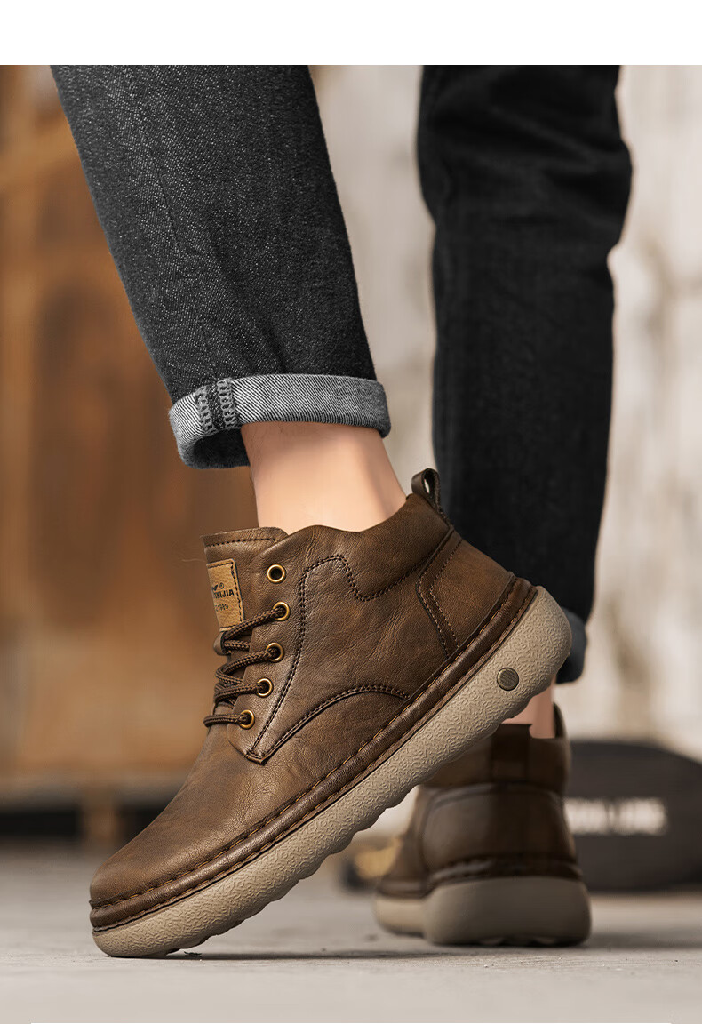 G.N.Shi Jia Men's Martin Boots Autumn Winter New Fashion Retro Work Shoes Casual Mid-top Lace-up Leather Shoes for Men 14