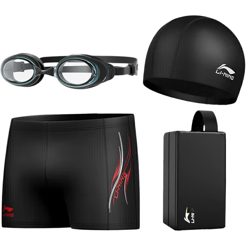 Li-Ning Swim Trunks, Goggles, Swim Cap, Swim Bag Set, Fashionable Men's Swimwear, Swimming Equipment 333, Black XL Myopia Style, 200 Degrees