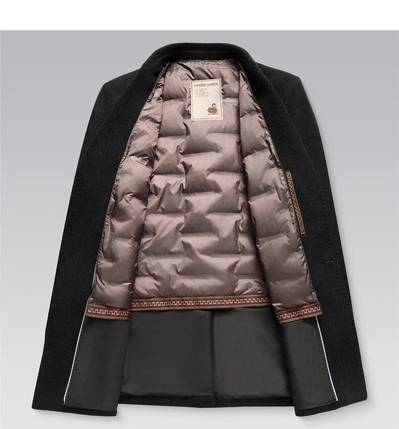 ROMON Men's Mid-Length Wool Cashmere Coat with Removable Goose Down Liner, Slim Fit, Autumn Winter 10