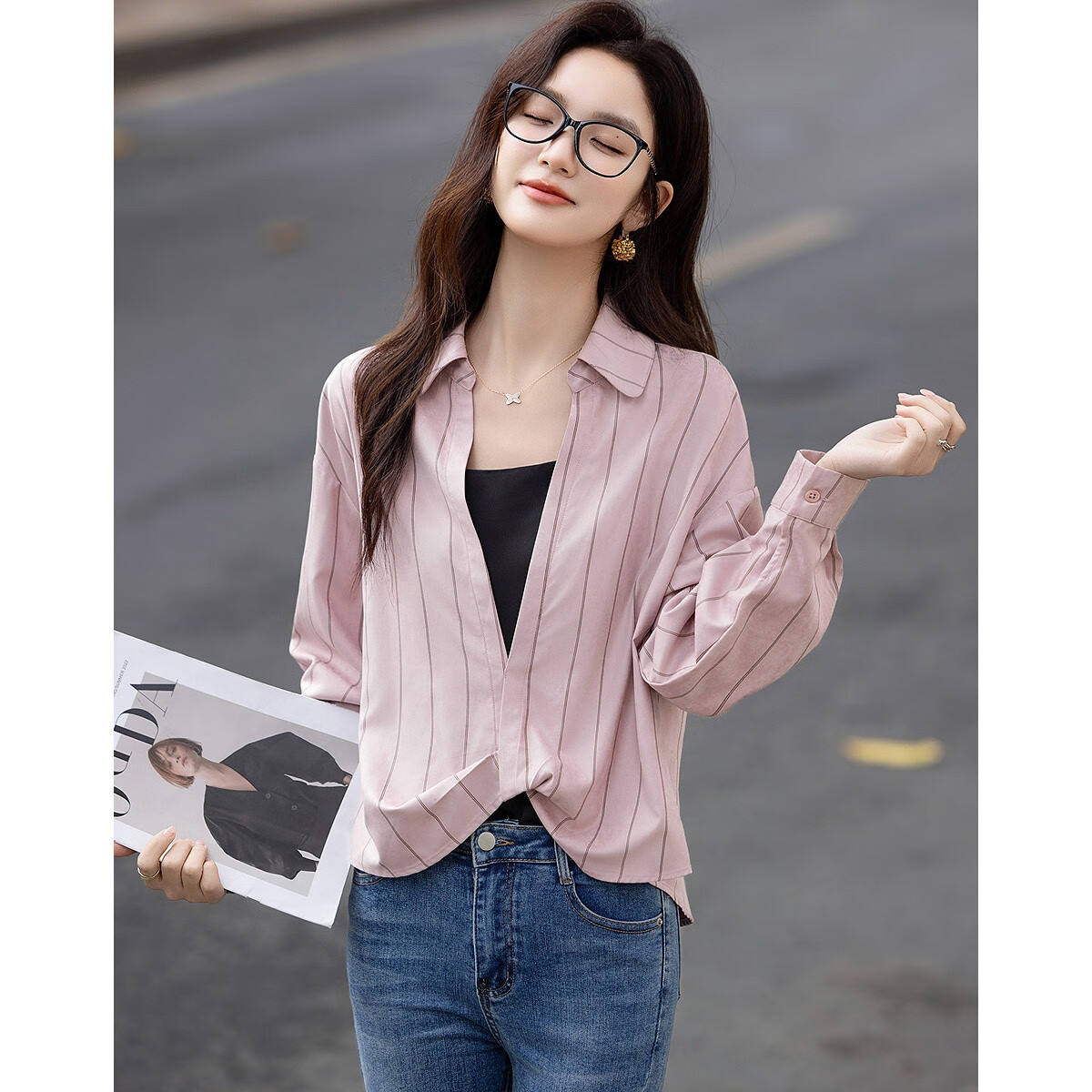 Demana Order Sense Striped Autumn Korean Style Cross Lapel Shirt with Pocket and Pleated Hem Women's Top