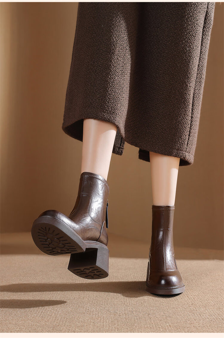 DAPHNE Women's Short Elastic Slim Boots Winter Fleece Warm Thick High Heel Leather Ankle Fashion Boots Fleece Black 35 3