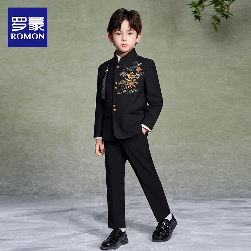 Romon Boys New Chinese Style Suit Jacket Tang Suit China Style Zhongshan Suit Set Children's Suit Performance Outfit Black 170
