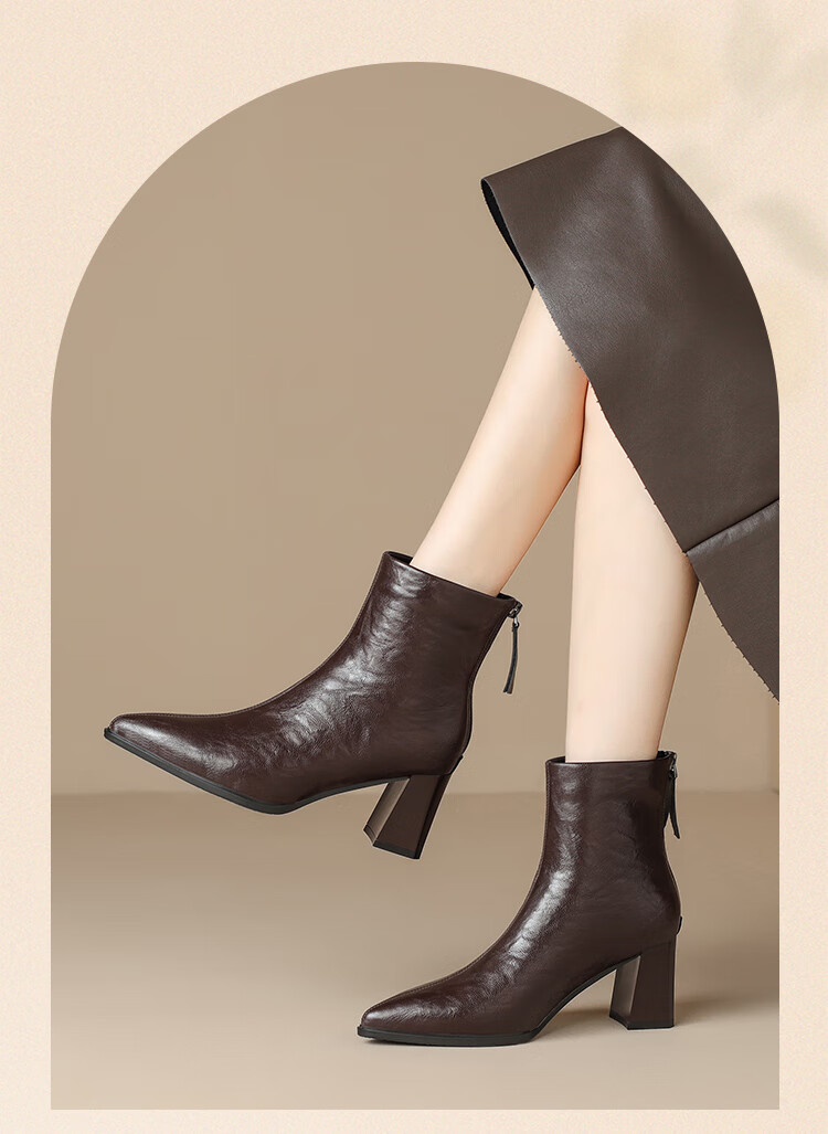 ZHR Fleece-Lined Women's Ankle Boots 2025 Winter New Pointed Toe High Heels Thick Heels Fashion Slim Boots BL616A Black 37 6
