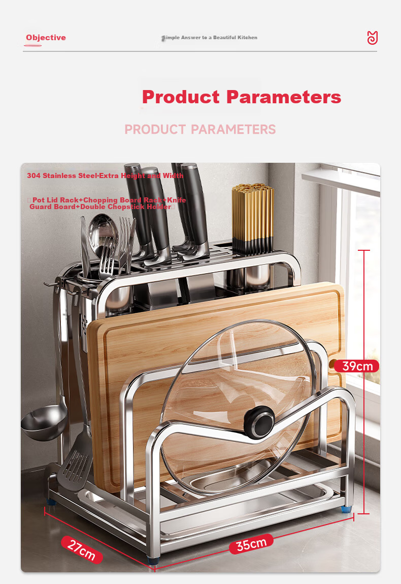 Meichuwuyu Knife Holder, 304 Stainless Steel Kitchen Storage Rack, Knife Block with Cutting Board, Integrated Chopping Board, Knife Storage Rack 21