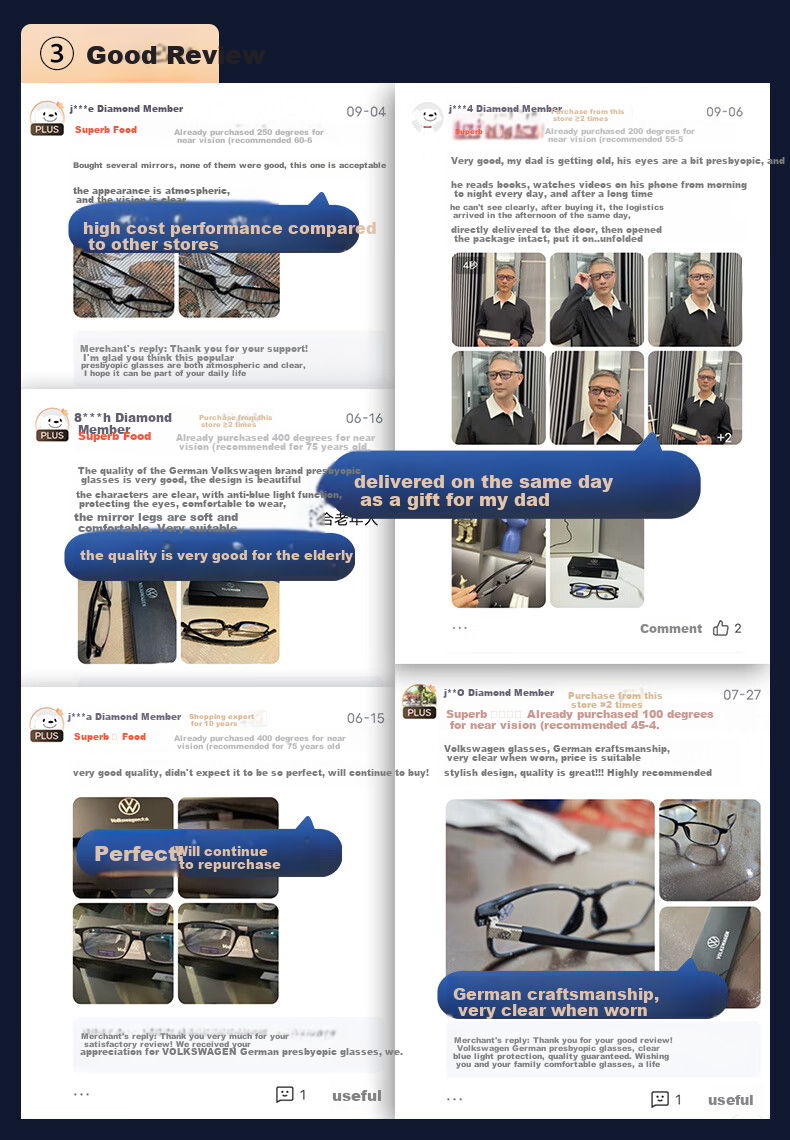 Volkswagen German, Men's Reading Glasses, High Definition Anti-Blue Light Genuine Imported Brand Gift, W606-200 4