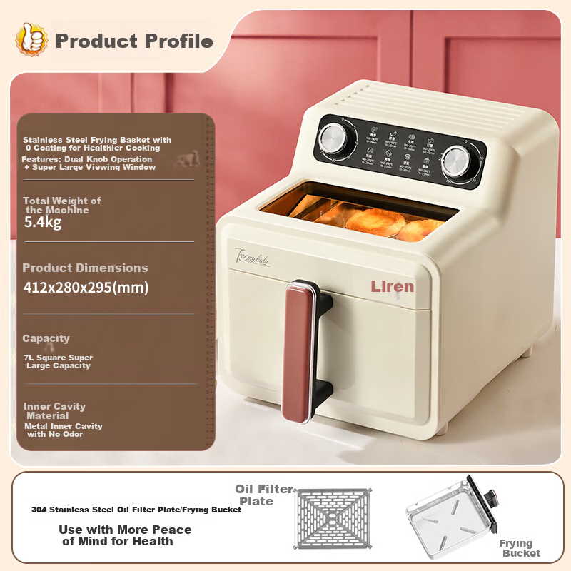 Liven Air Fryer for Home Use, Non-Coated 304 Stainless Steel Frying Basket Inner Pot, 7L Visible Large Capacity Can Roast Whole Chicken, Metal Interior No Need to Flip Food in Oven KZ-J7179